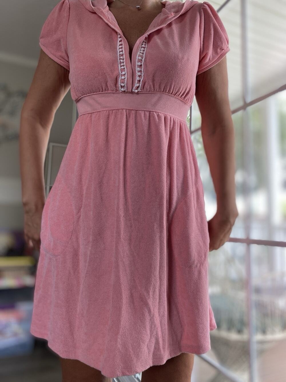 ON GOSSAMER Peach Hooded Swimsuit Coverup with Elastic Waist Cotton Blend L